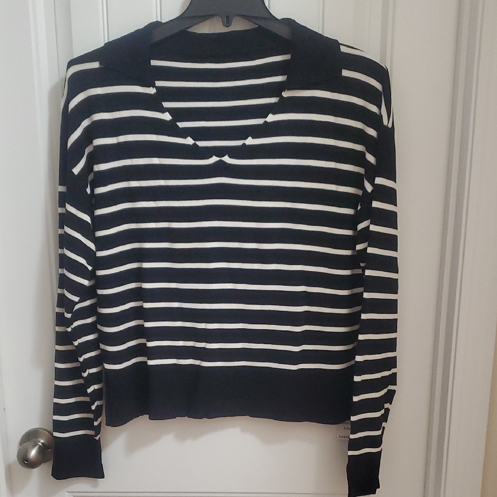Farodor Classic Luxury Collared Black And White Striped Sweater